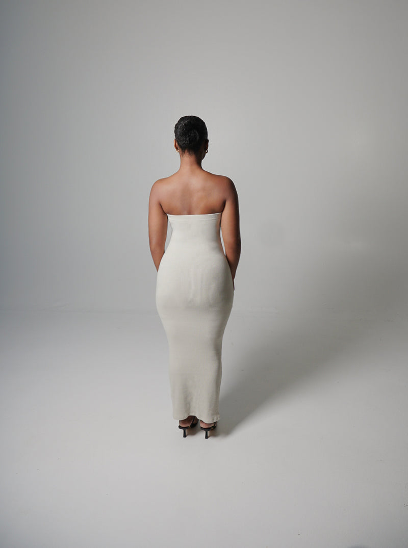 Strapless Ribbed Dress in Ecru